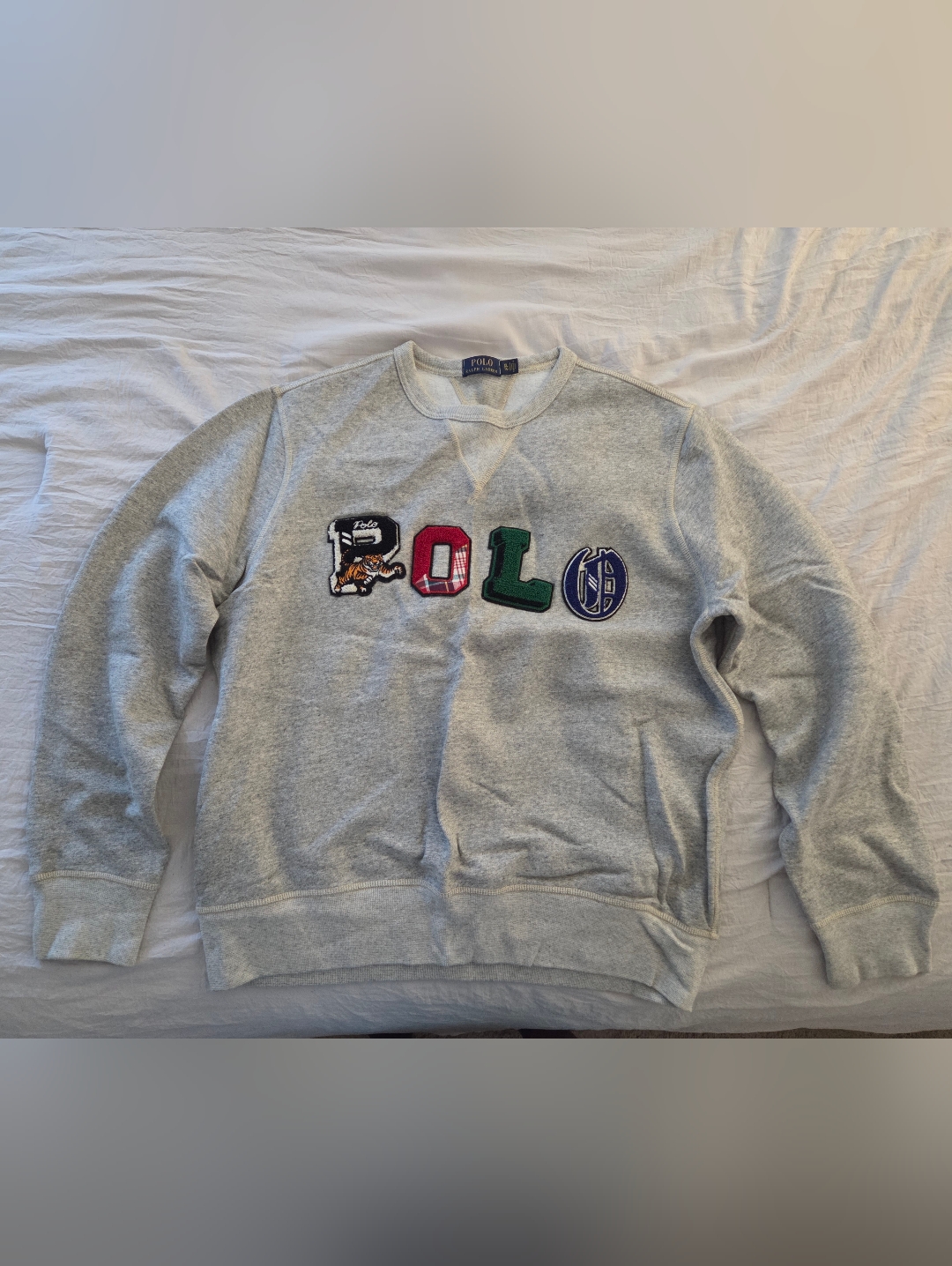 Ralph Lauren Light Gray Crewneck Sweatshirt With Multi-Color Logo Patches